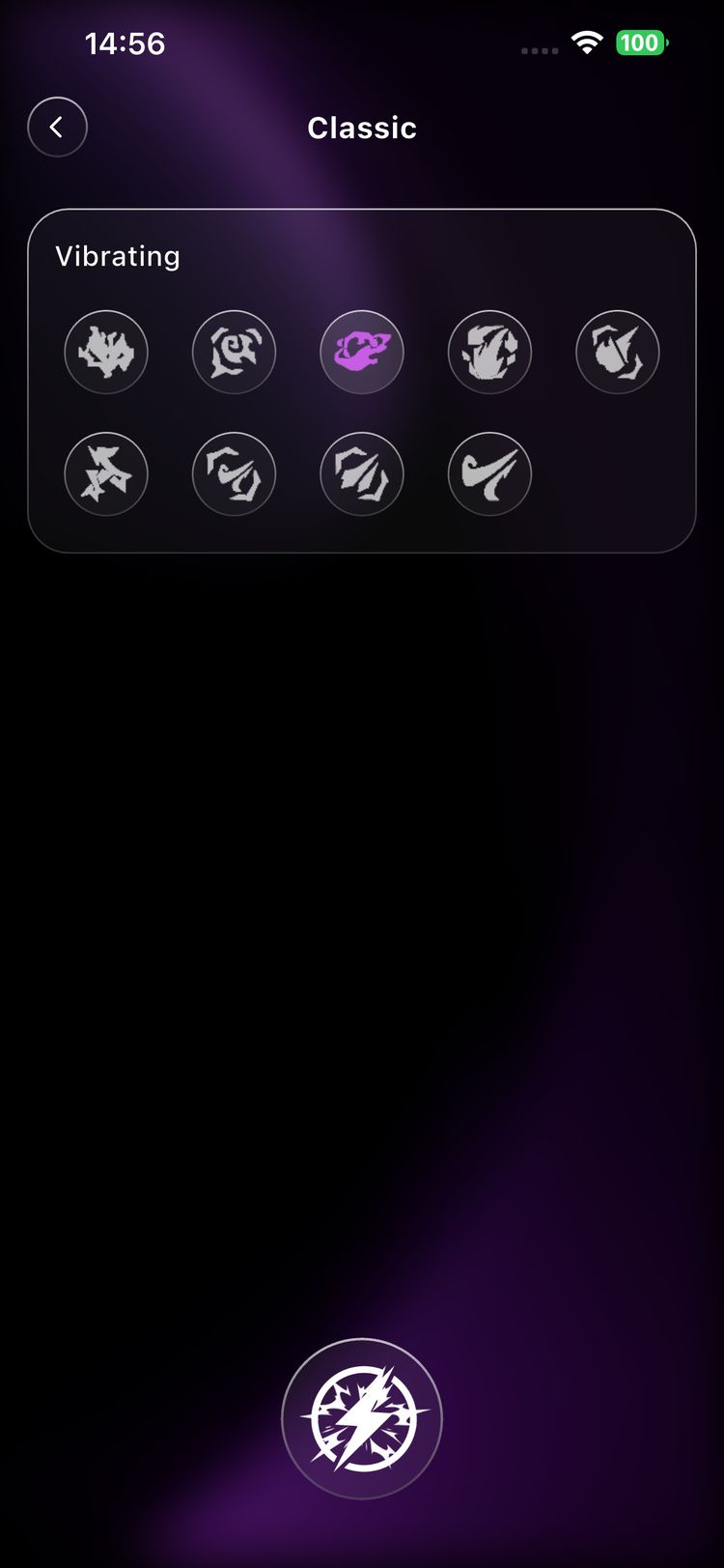 MayShe Classic screen — grid of preset vibration patterns with a lightning boost button