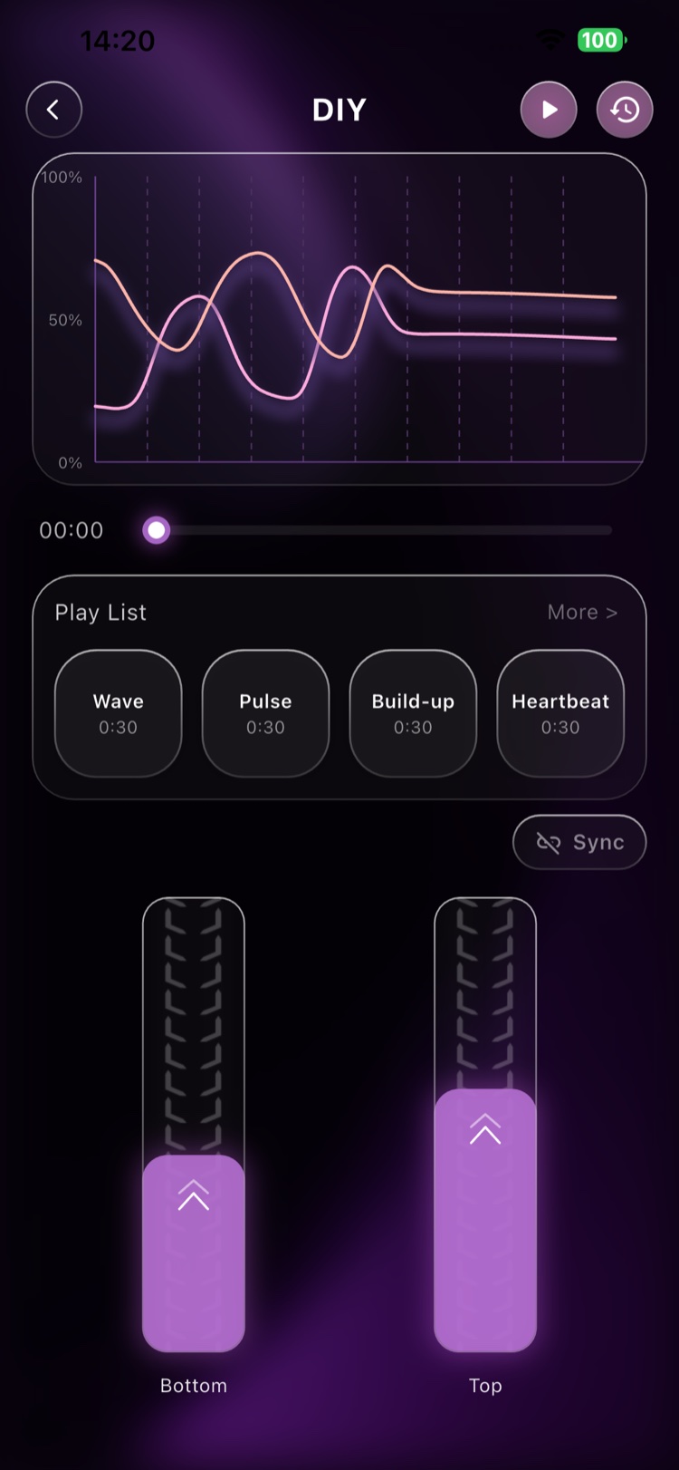 MayShe DIY screen — layered waveform editor with playlist patterns and dual intensity sliders