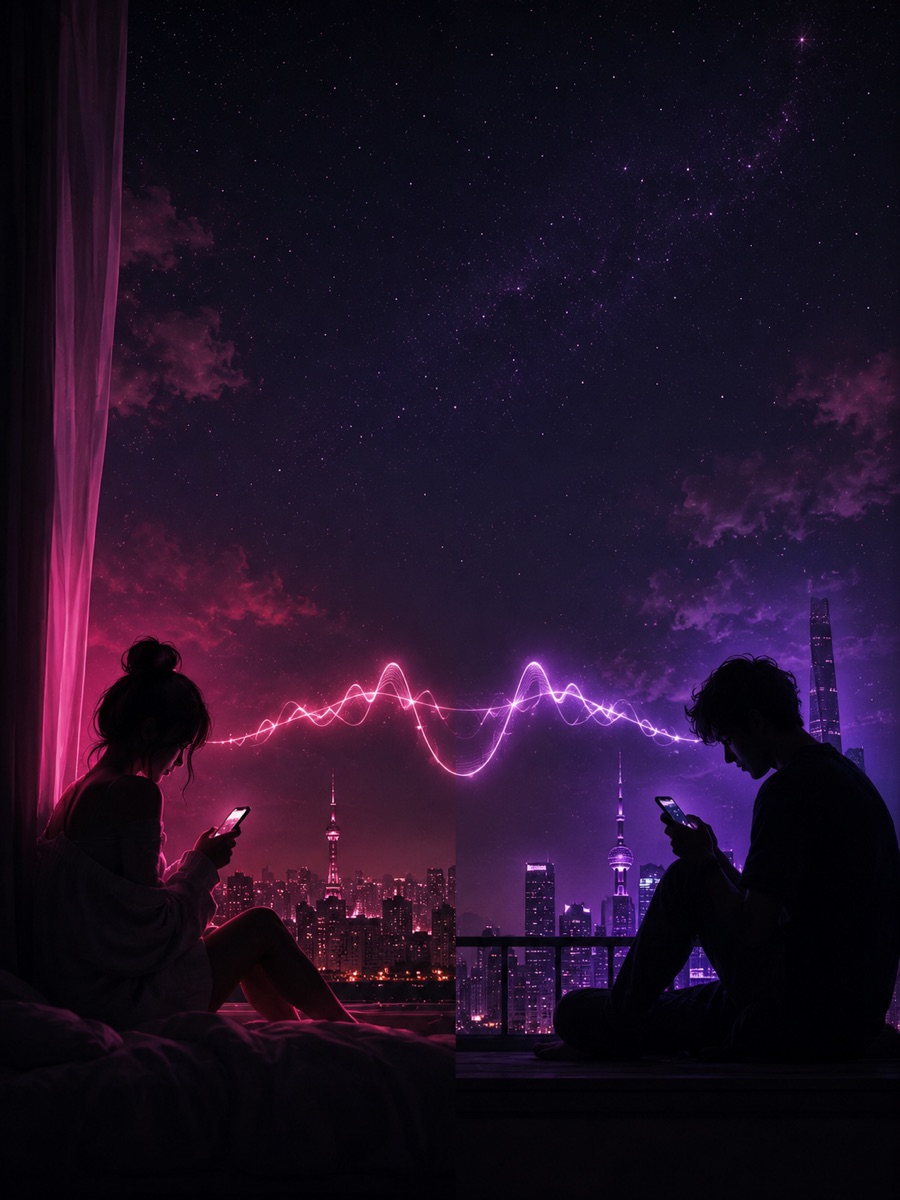 Two partners in different cities connected by one glowing frequency wave