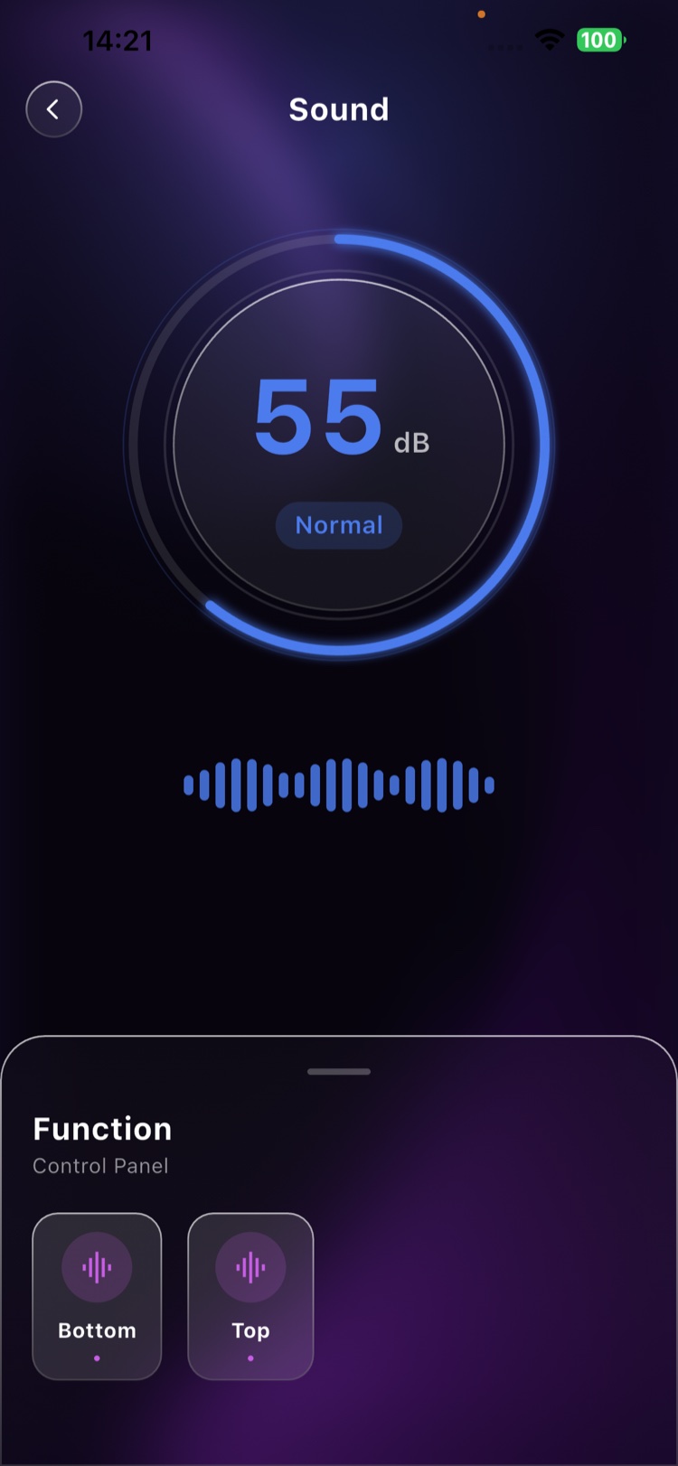 MayShe Sound screen — live decibel dial reading 55 dB with a reactive waveform